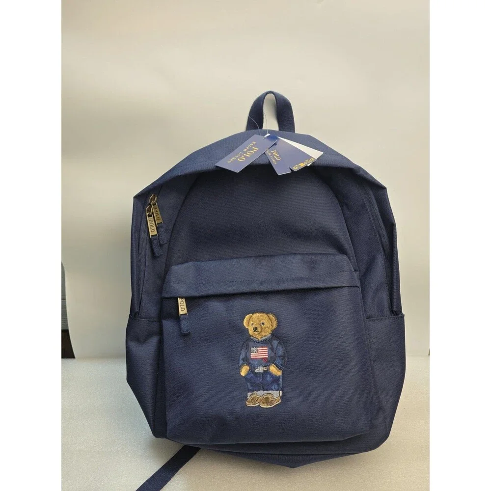 Polo Ralph Lauren Backpack Full Size Laptop USA FLAG Navy Blue Bear School Bag